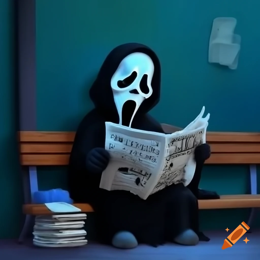 Ghostface character reading newspaper on bench in Simpsons animation style