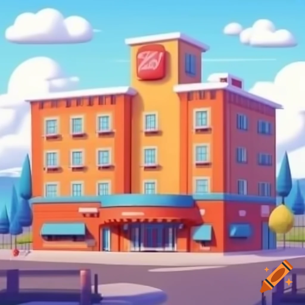 Cartoon-style front view of a hotel