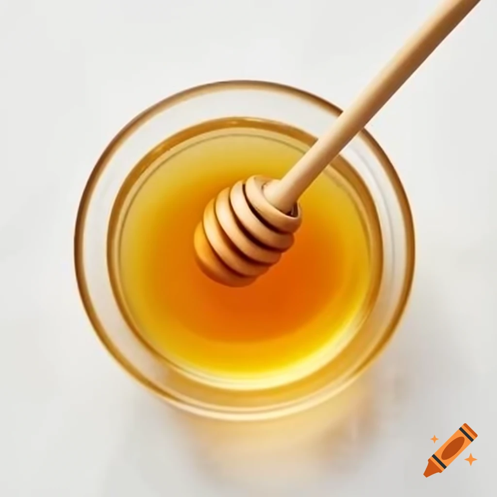 Flat lay view of glass bowl of pure honey with honey dipper on craiyon