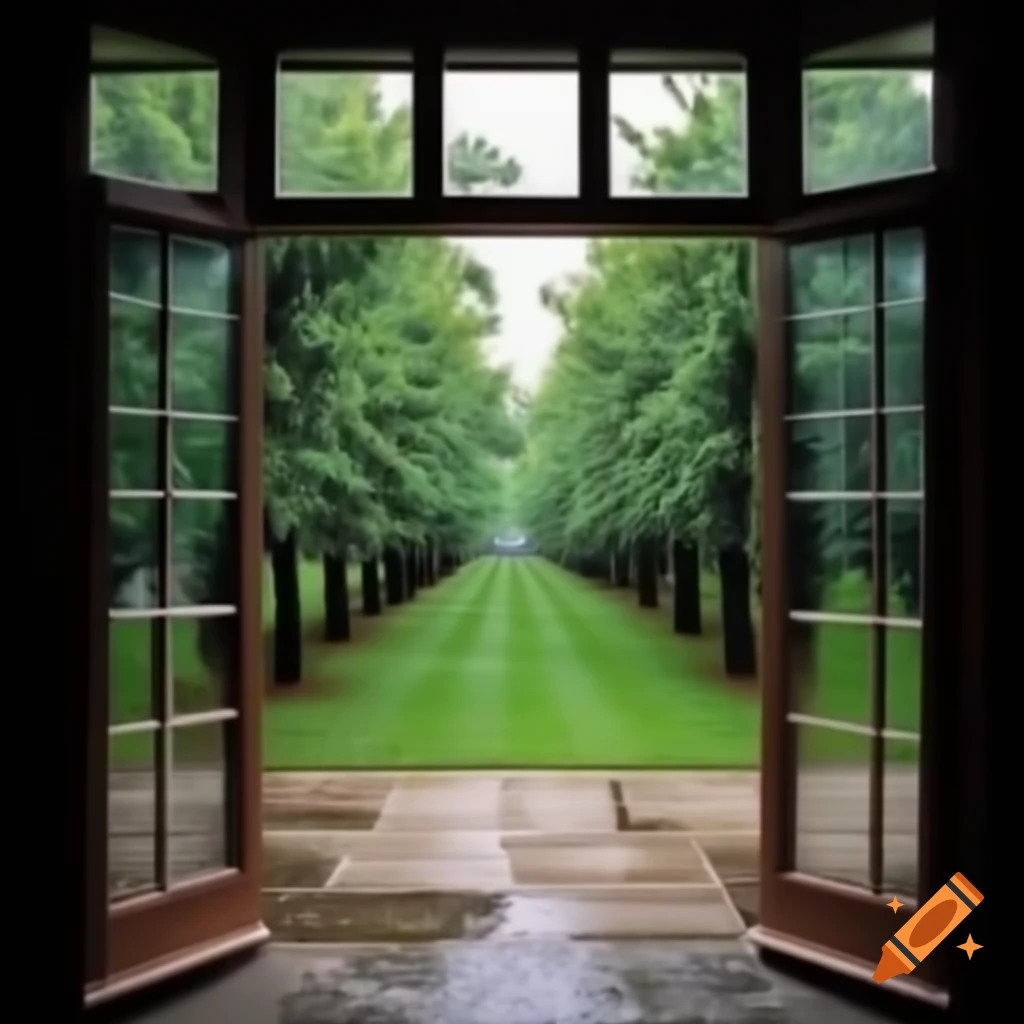 Peach trees in yard with grass and cobblestones during rain, view from window
