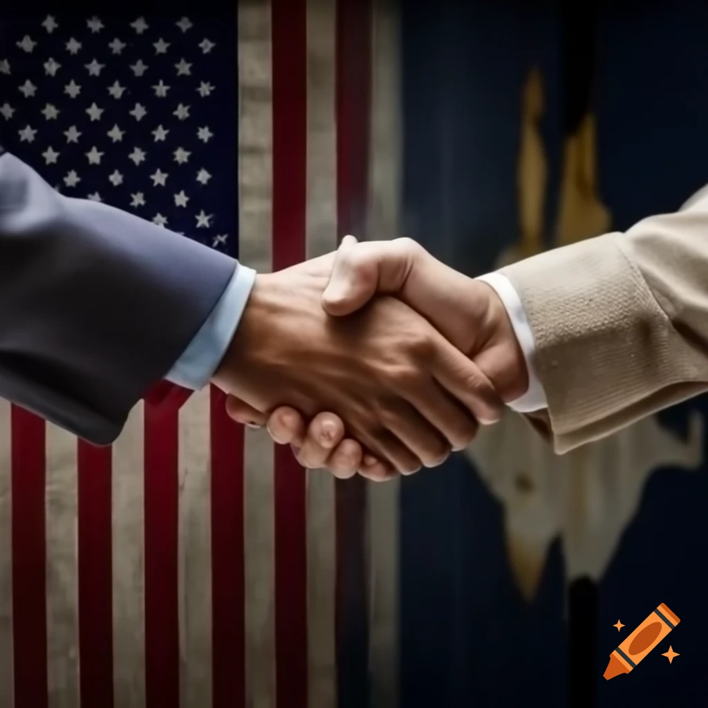 Hands shaking from different portals with tattered American flag background