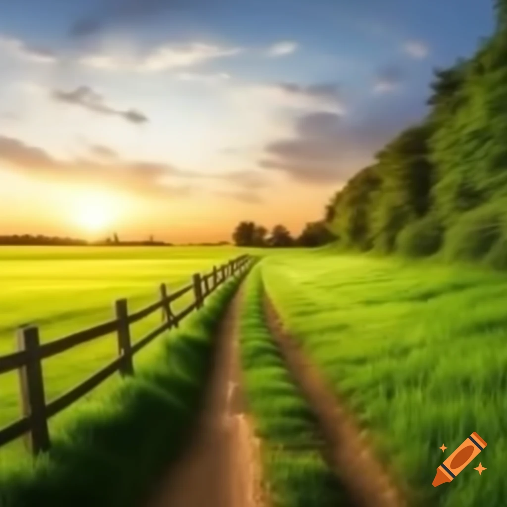Rural sunrise scene with green pasture, gravel path, wooden fence, and trees in the horizon