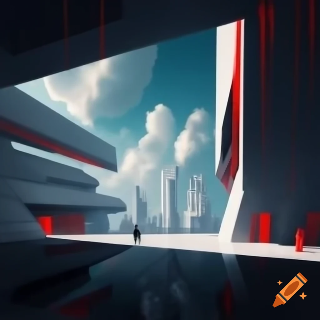Minimalist sci-fi cityscape with sleek angular white buildings