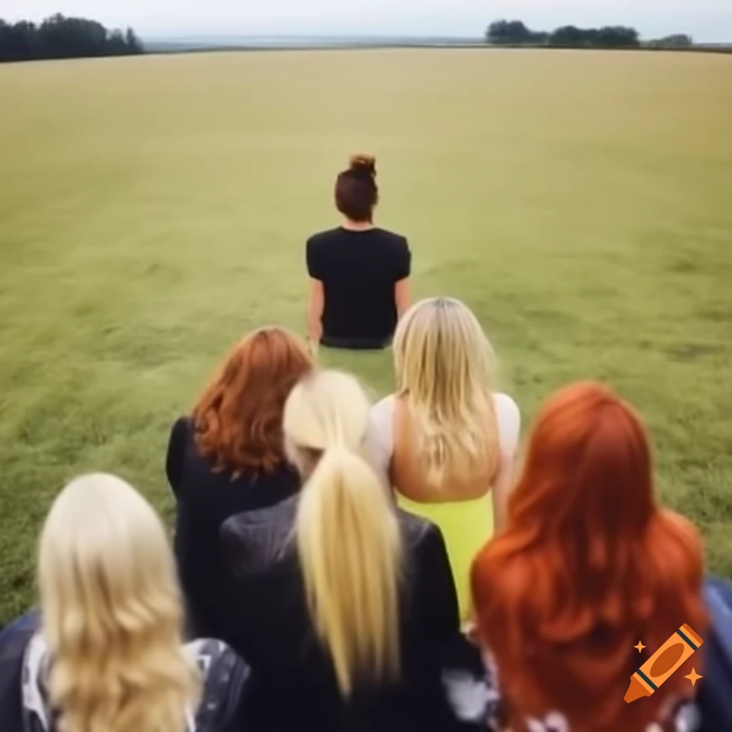 Three women from the back overlooking a field