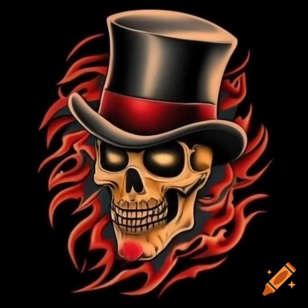 Traditional tattoo flash design featuring skull with top hat
