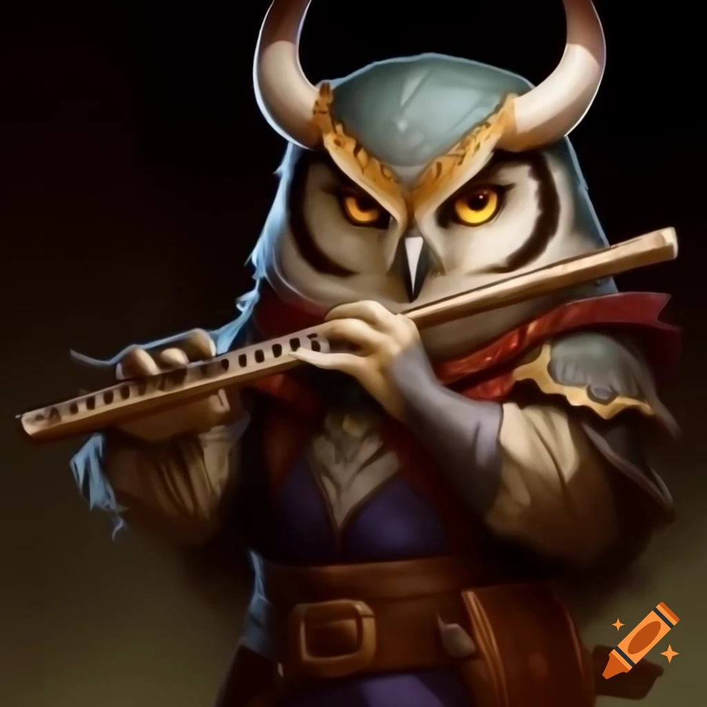 Horned owl dressed as bard playing flute in Dungeons and Dragons style