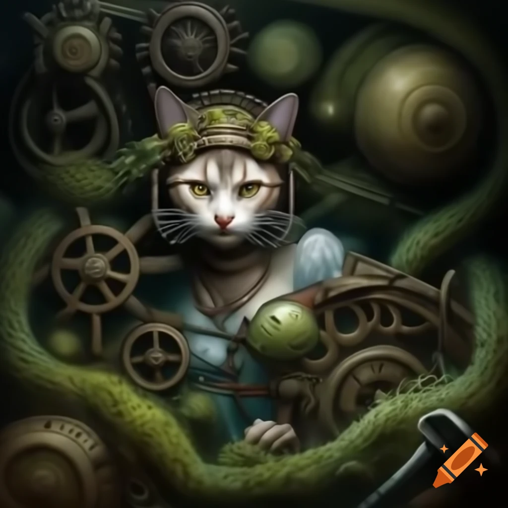 Surreal mezzotint of a cat-head girl surrounded by steampunk elements and underwater scenery
