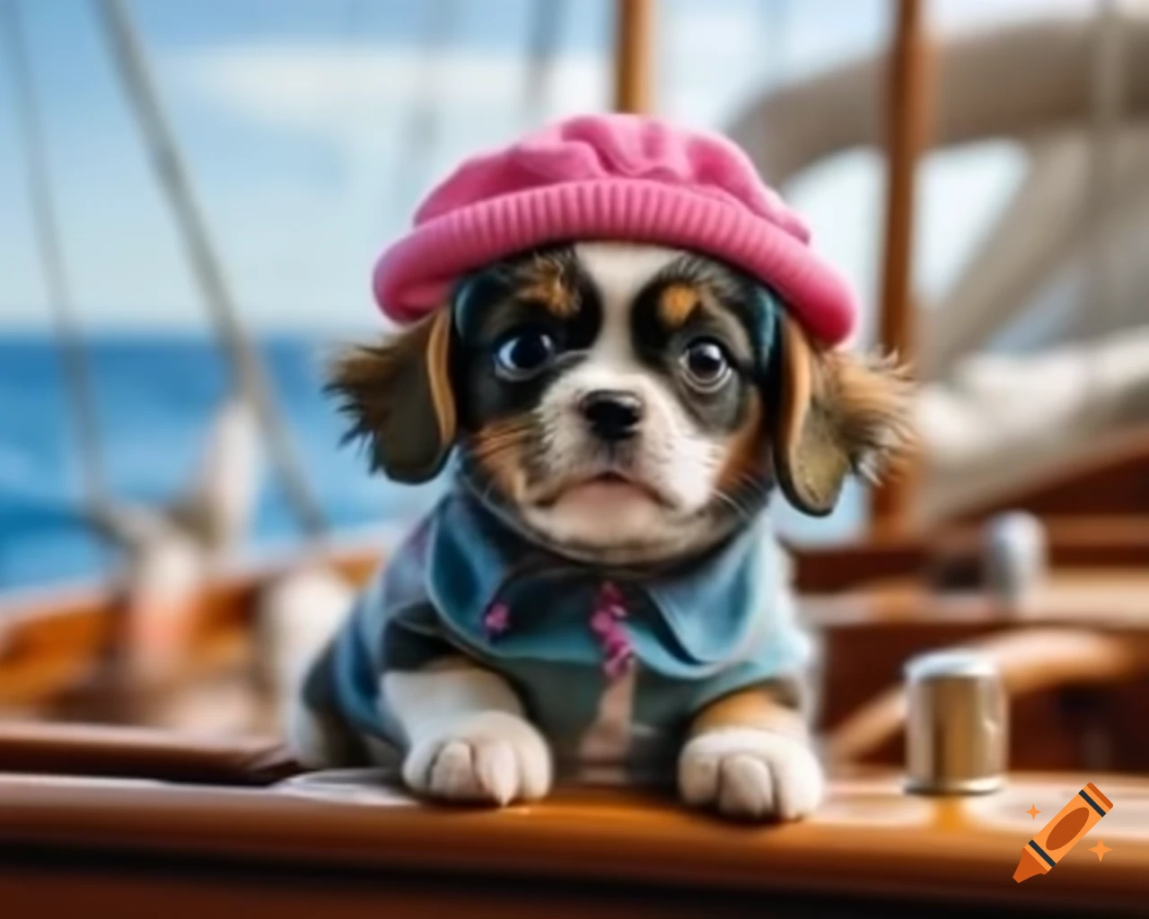 Cute puppy and kitten in blue scarfs and pink hats on a yacht