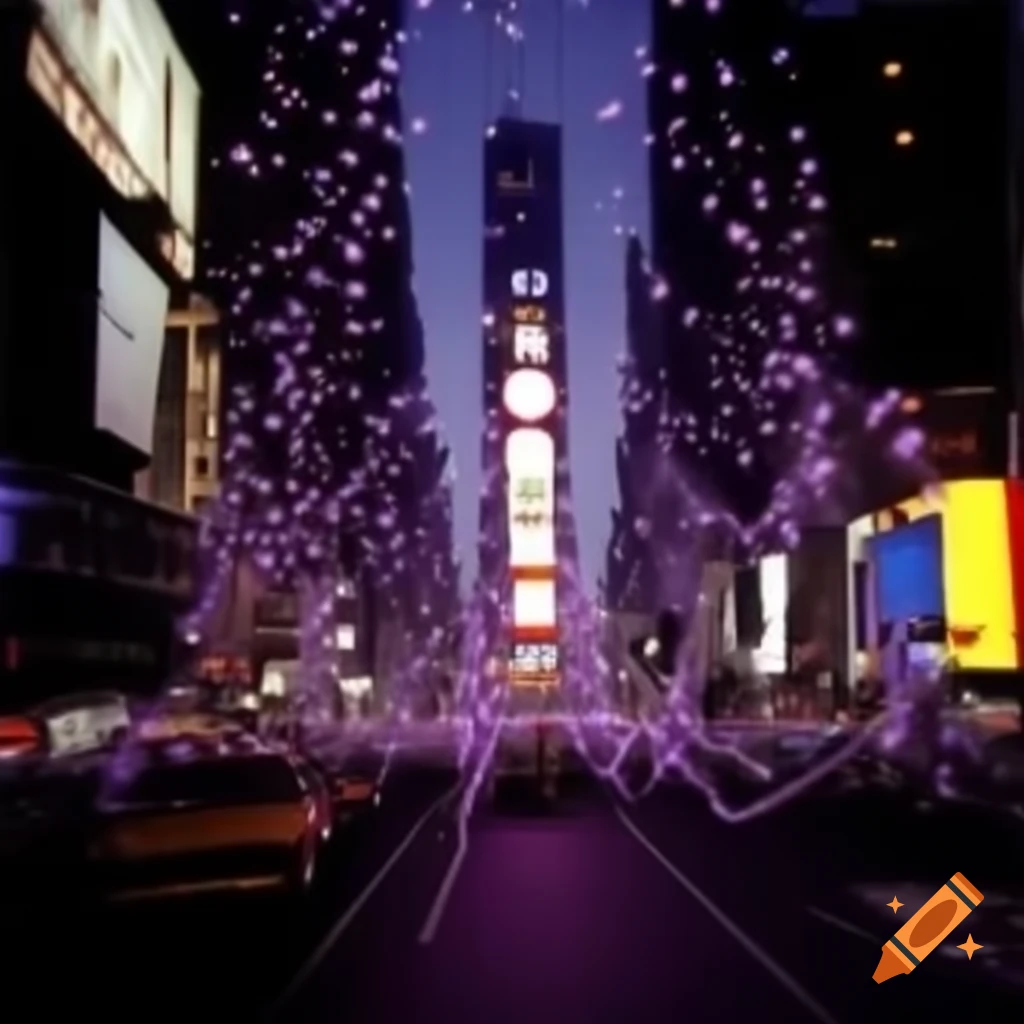 New Year's Eve celebration in Times Square 1999 with purple and gold streamers and twinkling lights