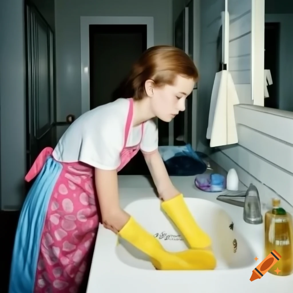 Young Caucasian woman in floral apron washing clothes with bar of soap