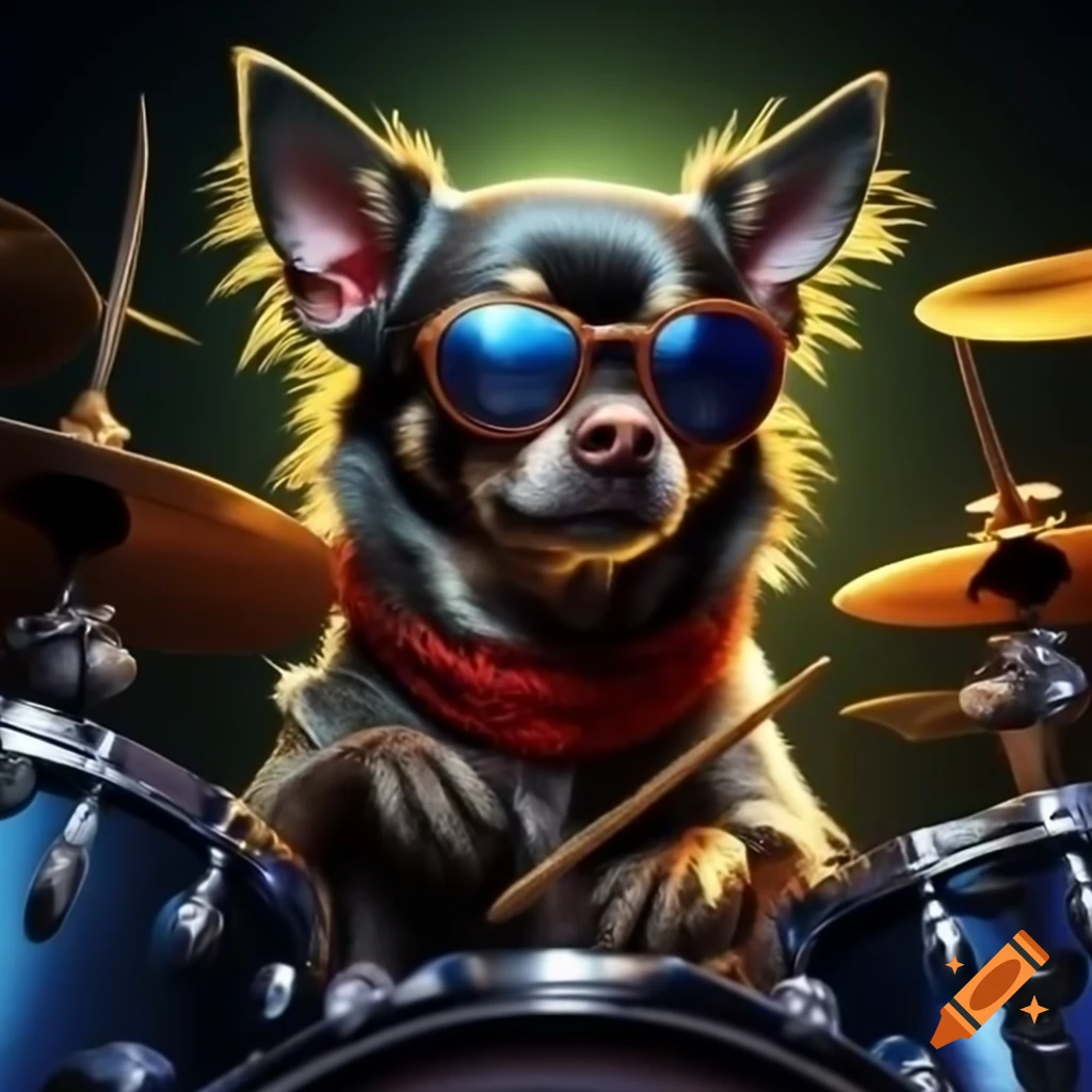 Chihuahua playing drums in Lovecraftian scene with bandana and blue sunglasses