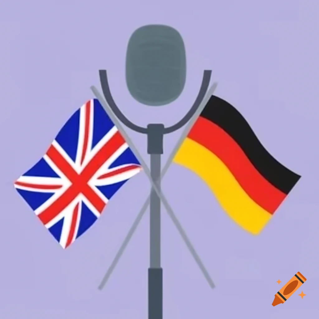 British and German flags combined inside a journalist microphone