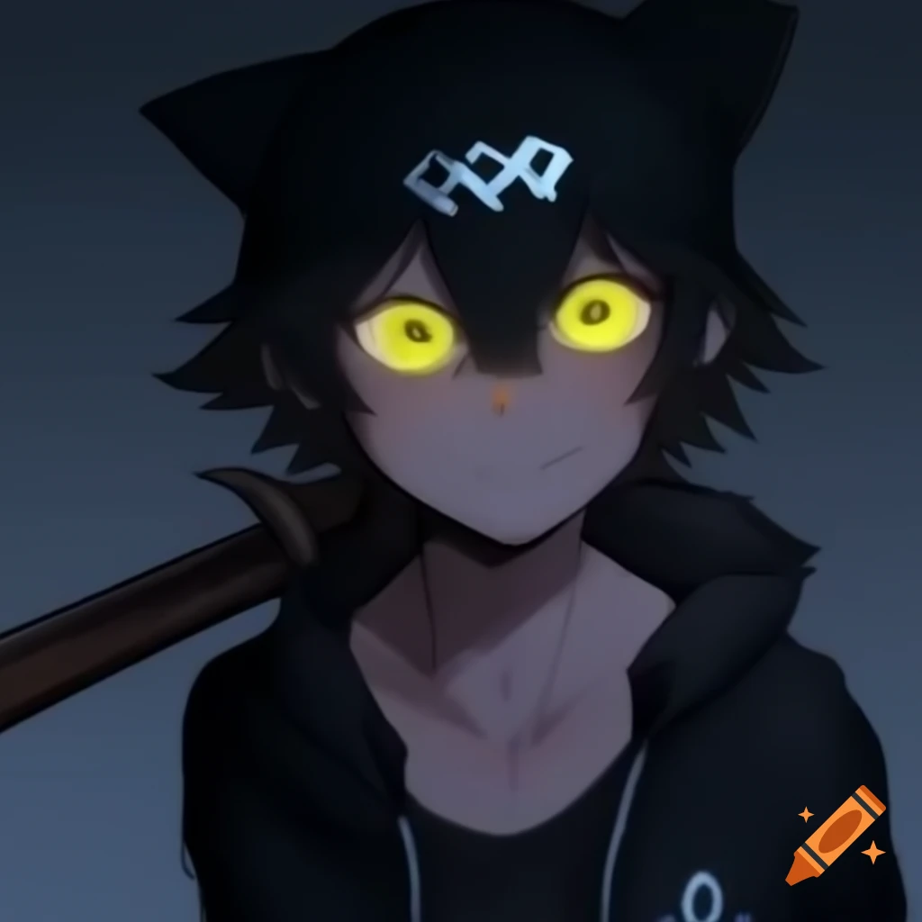 Older anime character Niko with ripped clothes, black headband, rusty machete, and glowing yellow eyes