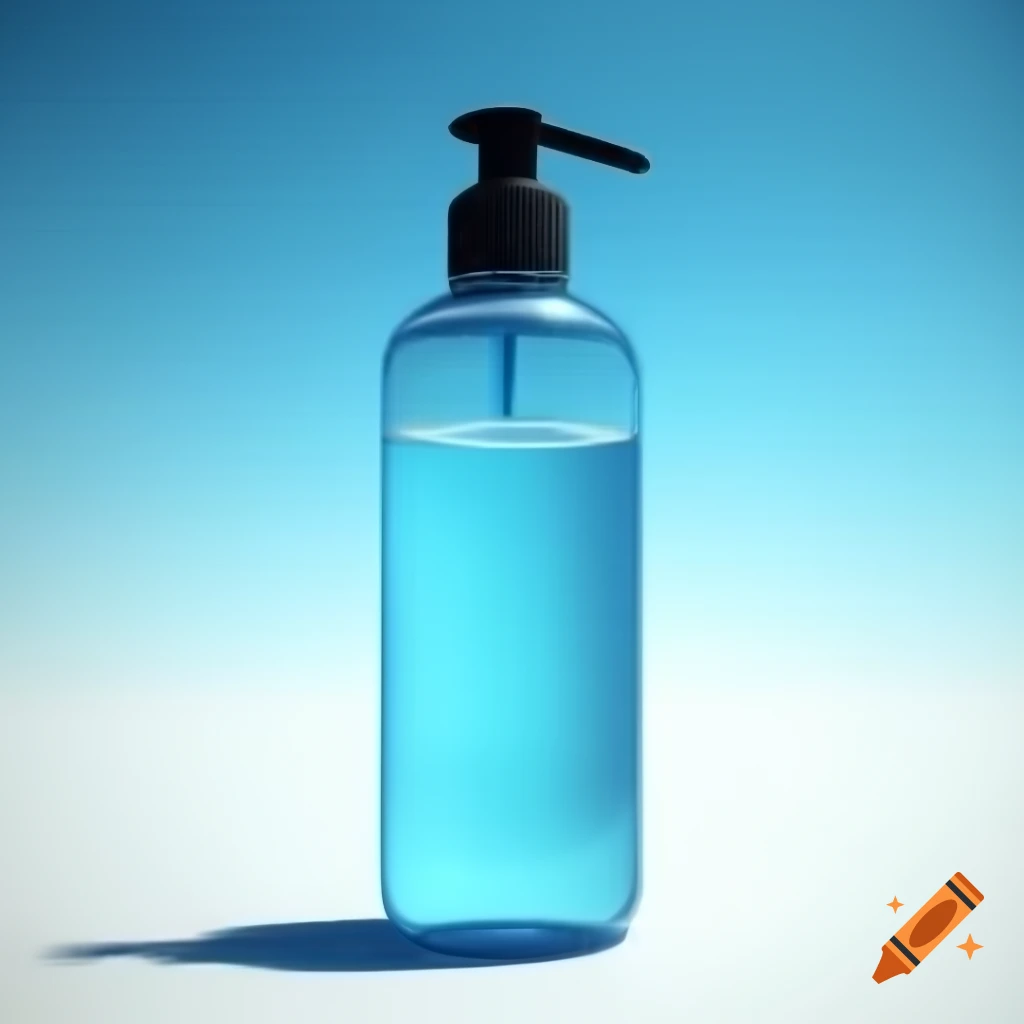 3D rendered transparent shampoo bottle with light blue liquid on white background