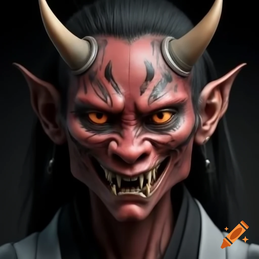 Hyper-realistic Japanese female demon with big eyes and stern expression against dark background