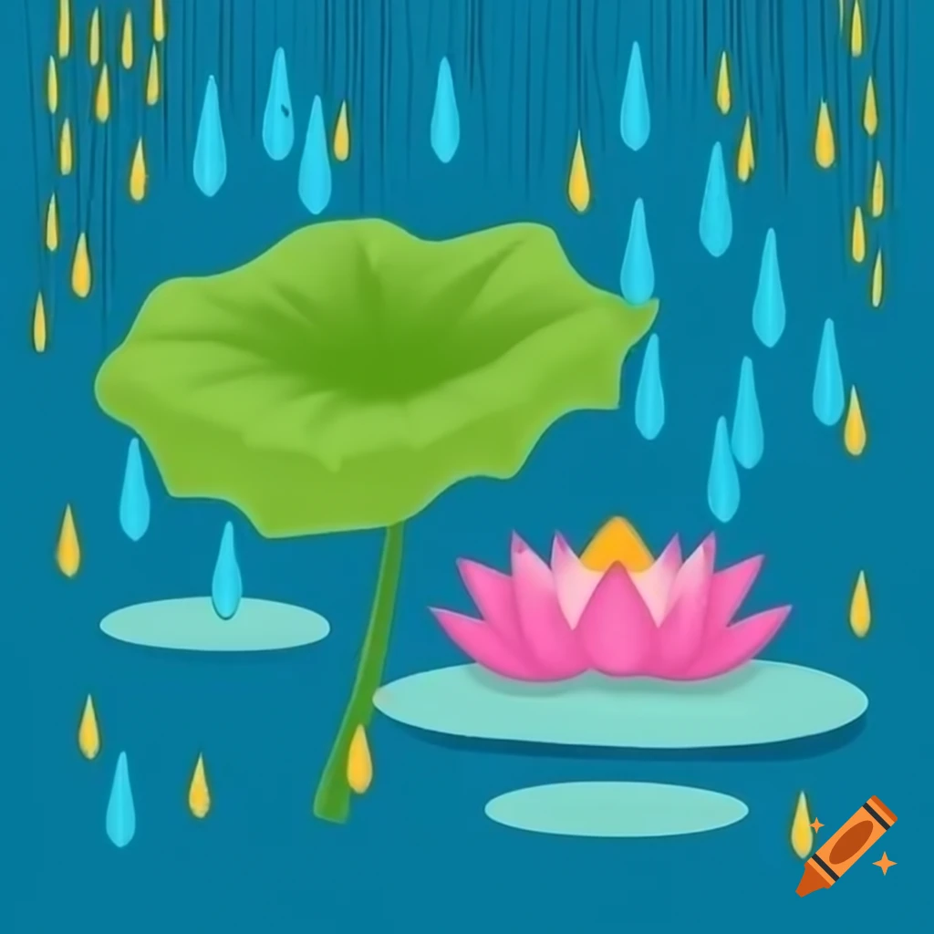 Lotus leaf protecting pink lotus flower in heavy rain on craiyon