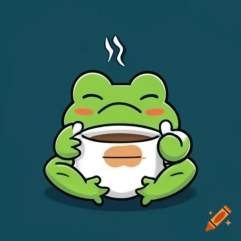 Sleepy frog holding coffee cup