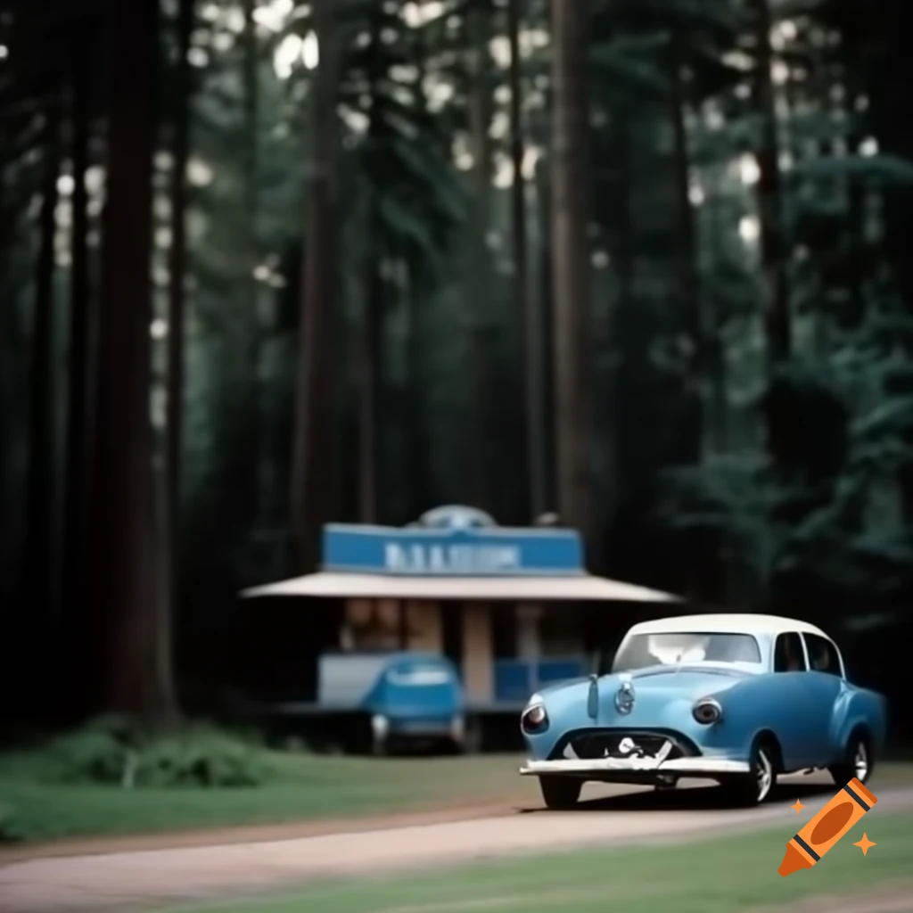 1950s diner in forest with blue vintage car in front
