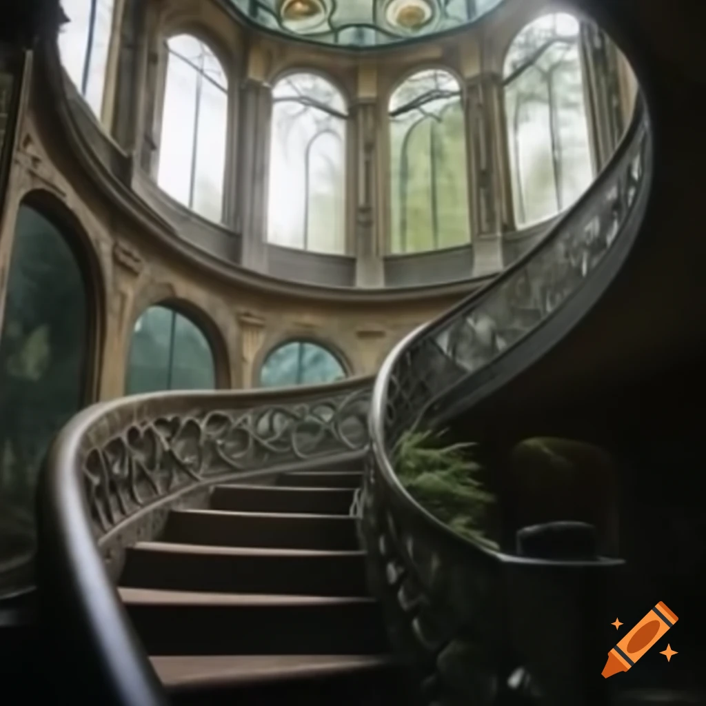 Victorian garden entrance with curved stairs and dome, inspired by Monet