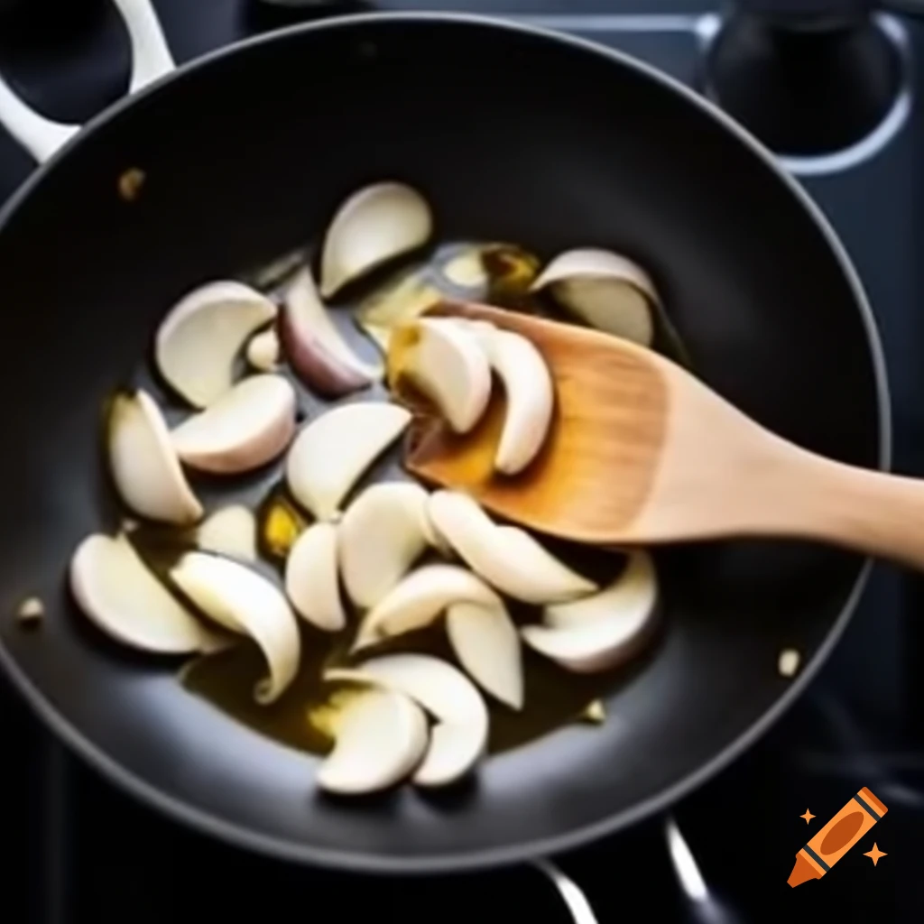 Sliced garlic frying in oil in a pan
