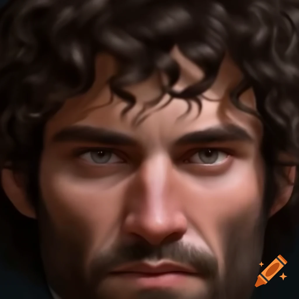 Portrait of a man with shoulder-length dark brown curly hair and grey eyes, looking focused