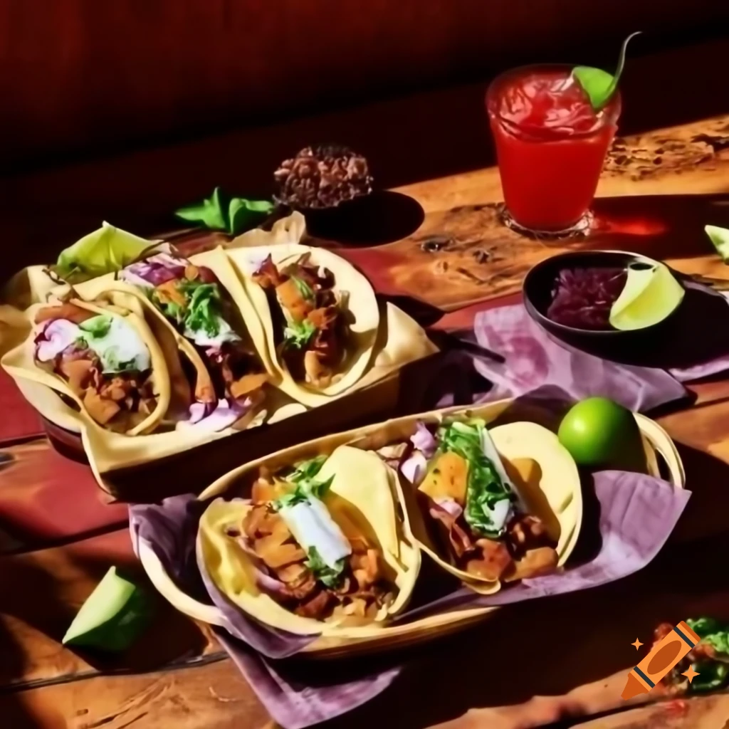 Vibrant street-style tacos with char-grilled carne on rustic wooden table