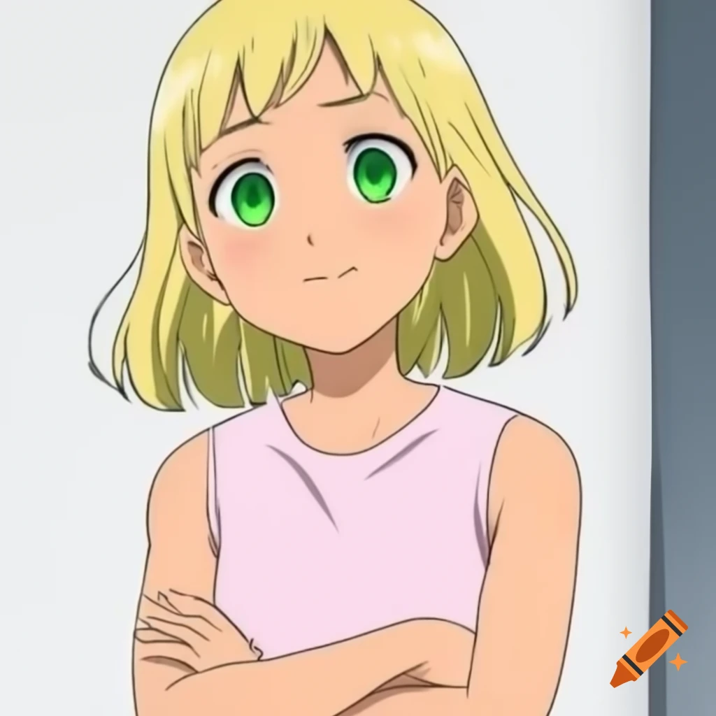 Anime girl with blonde hair and green eyes, wearing pink sleeveless t-shirt and crossed arms