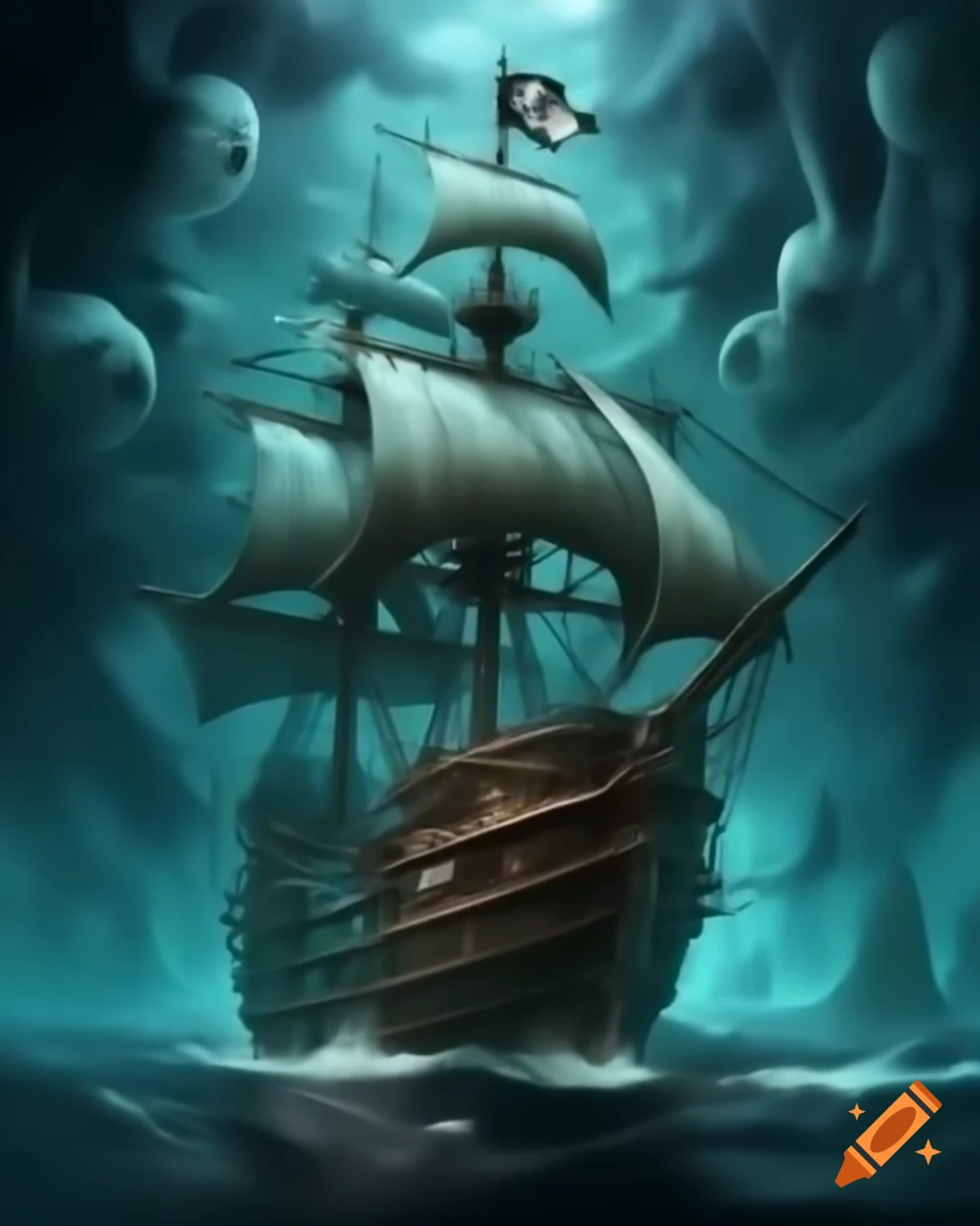 Pirate ship sailing in space among nebulas galaxies and stars on craiyon