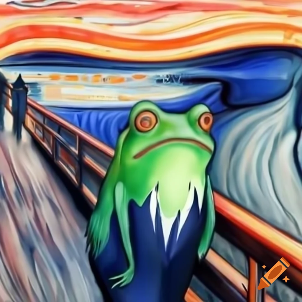 Frog with fearful expression inspired by Edvard Munch's The Scream