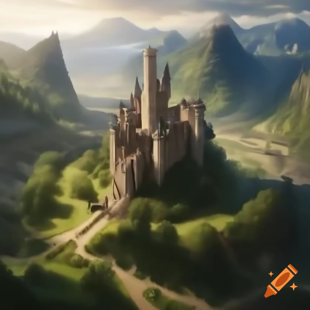 Aerial view of ancient kingdom in lush valley with castle walls and village