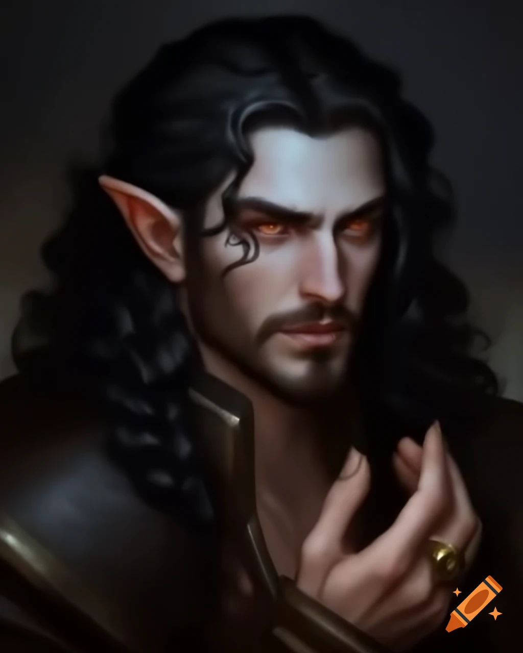 Half-body portrait of a male half-elf Dungeons & Dragons character with long black curly hair and facial scars