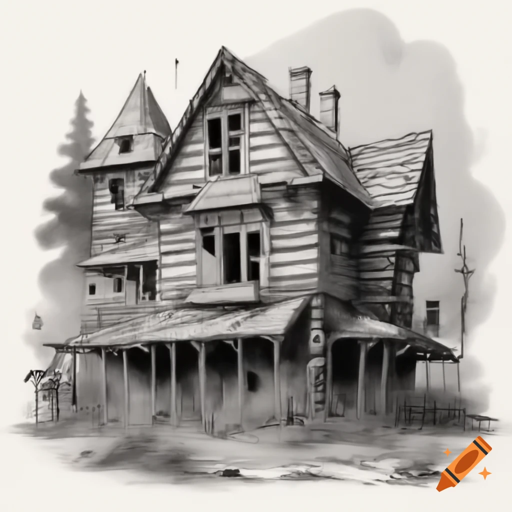 1800s black ink pencil sketch of abandoned Victorian resort or log cabin