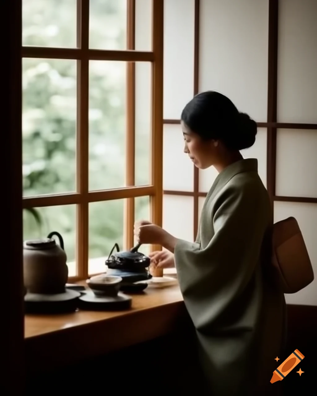 Asian woman in kimono serving tea, with zen garden view