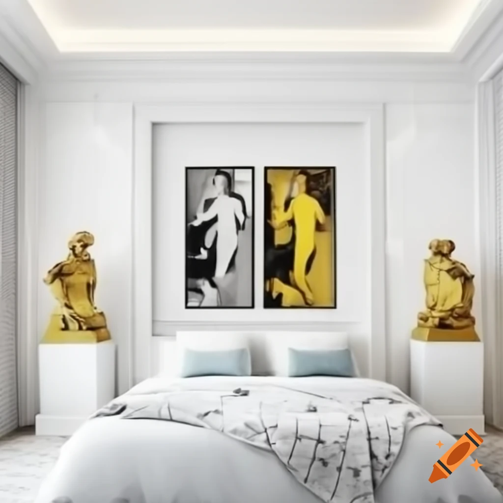 Modern bedroom with white walls featuring Versace theme and Greek mythology art