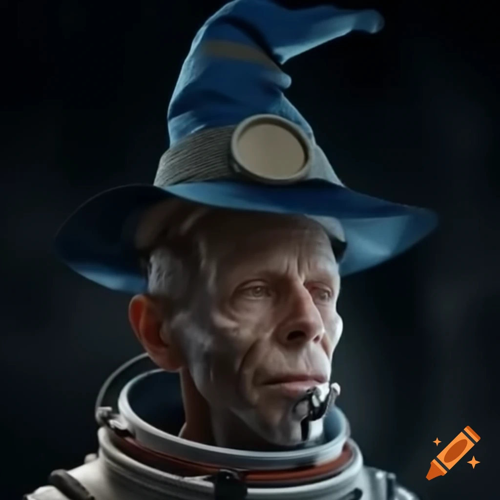 Human male in wizard hat and space suit in outer space