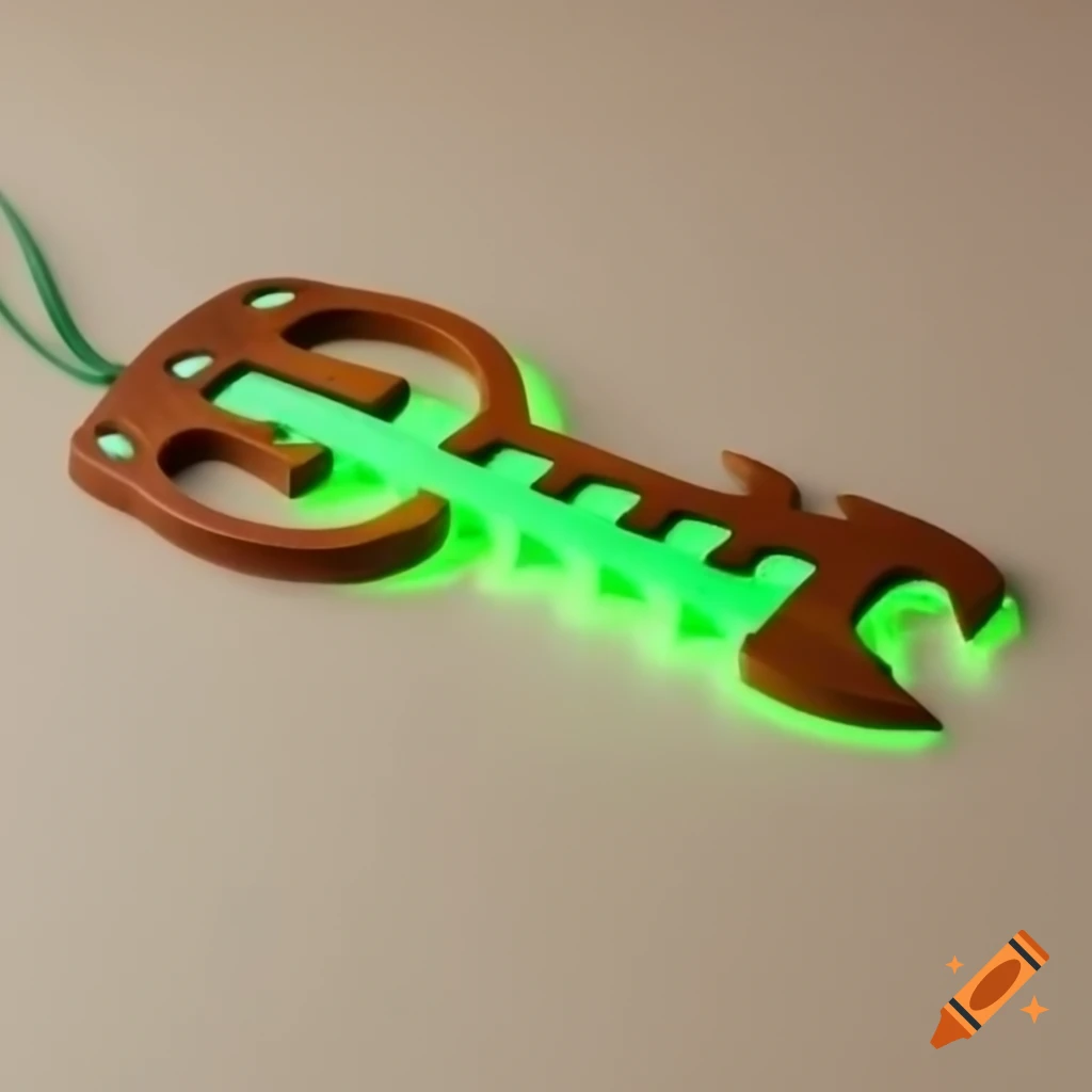 Wooden multi-layered Keyblade with green glowing string