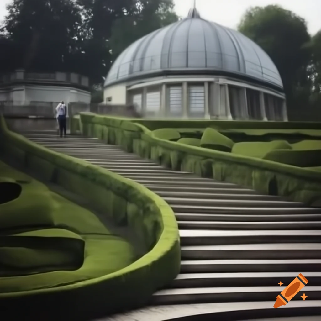 Victorian garden entrance with curved stairs and dome, inspired by Monet