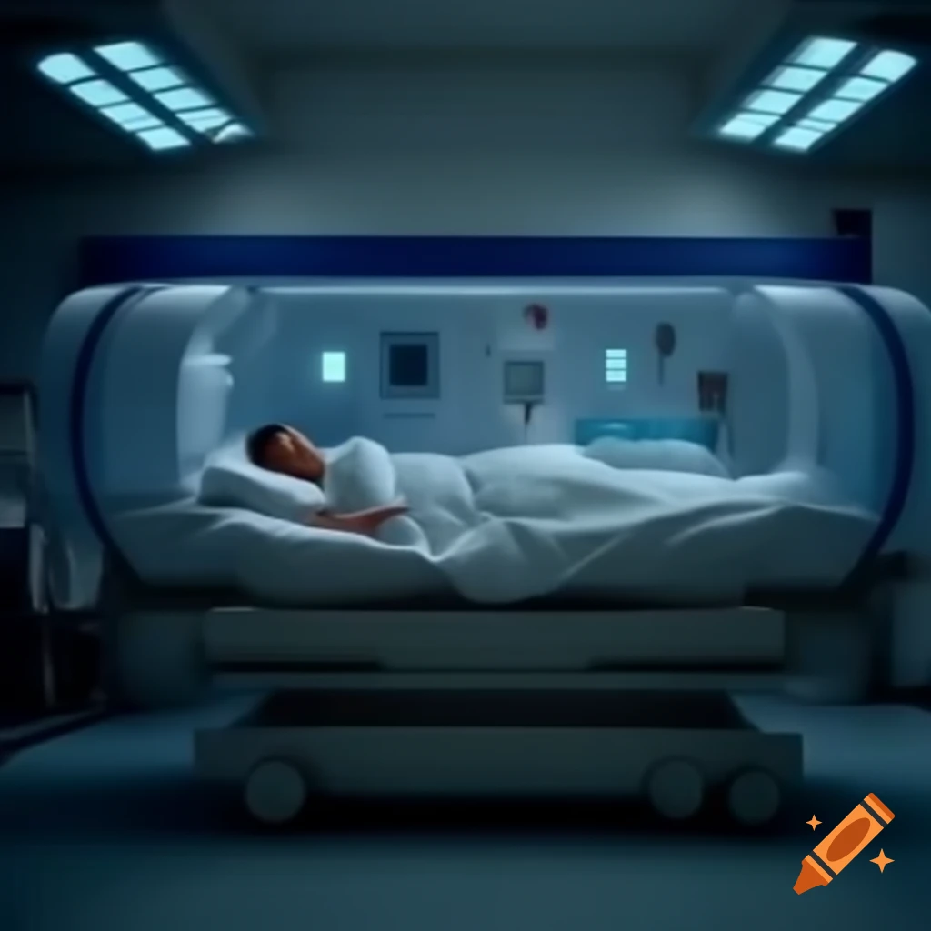 Woman sleeping in futuristic hospital sleeping capsule
