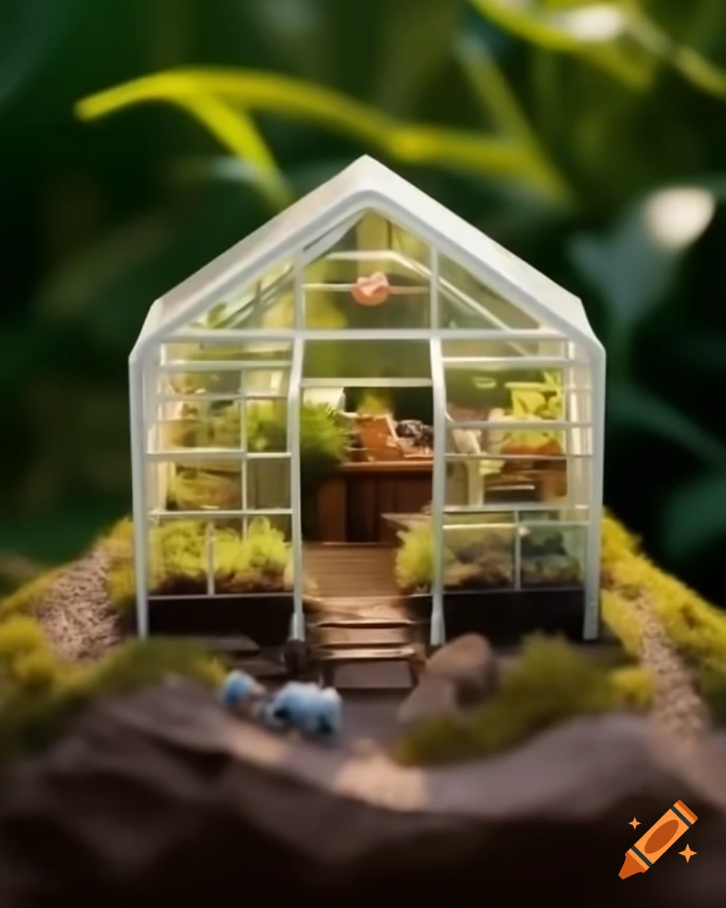 Miniature greenhouse with plants on a rock, detailed diorama photography