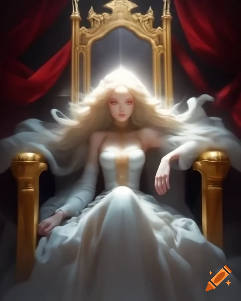 Empress with blond hair on golden throne in white and red imperial attire