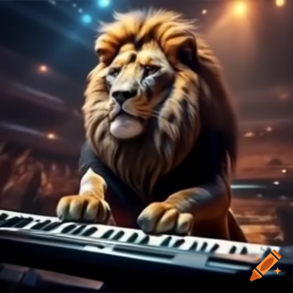 Lion playing keyboards on stage at a concert