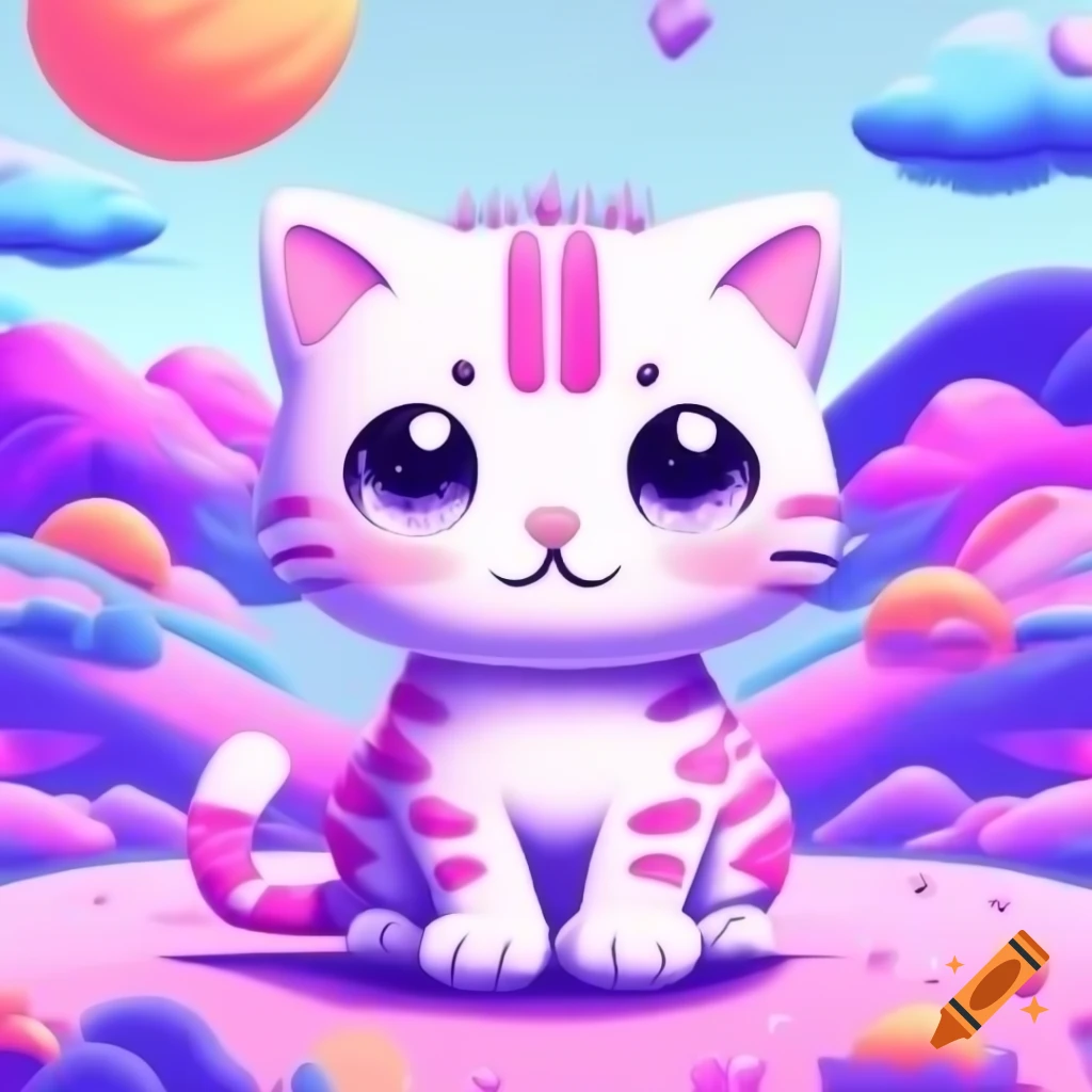Cute girly kitten in pink and purple scenery, anime cartoon style