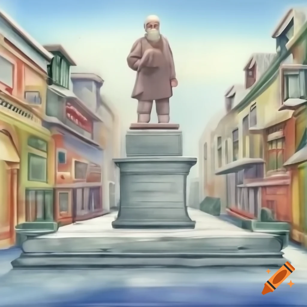Colorful winter painting of marble statue in Asian fantasy river city