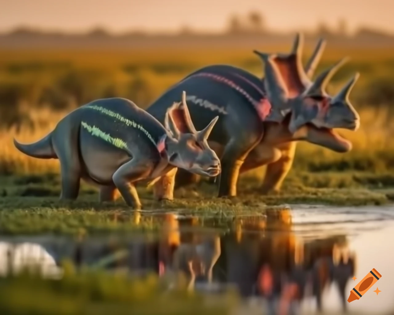 Cinnamon-colored and grey striped Styracosaurus in marshland during golden hour