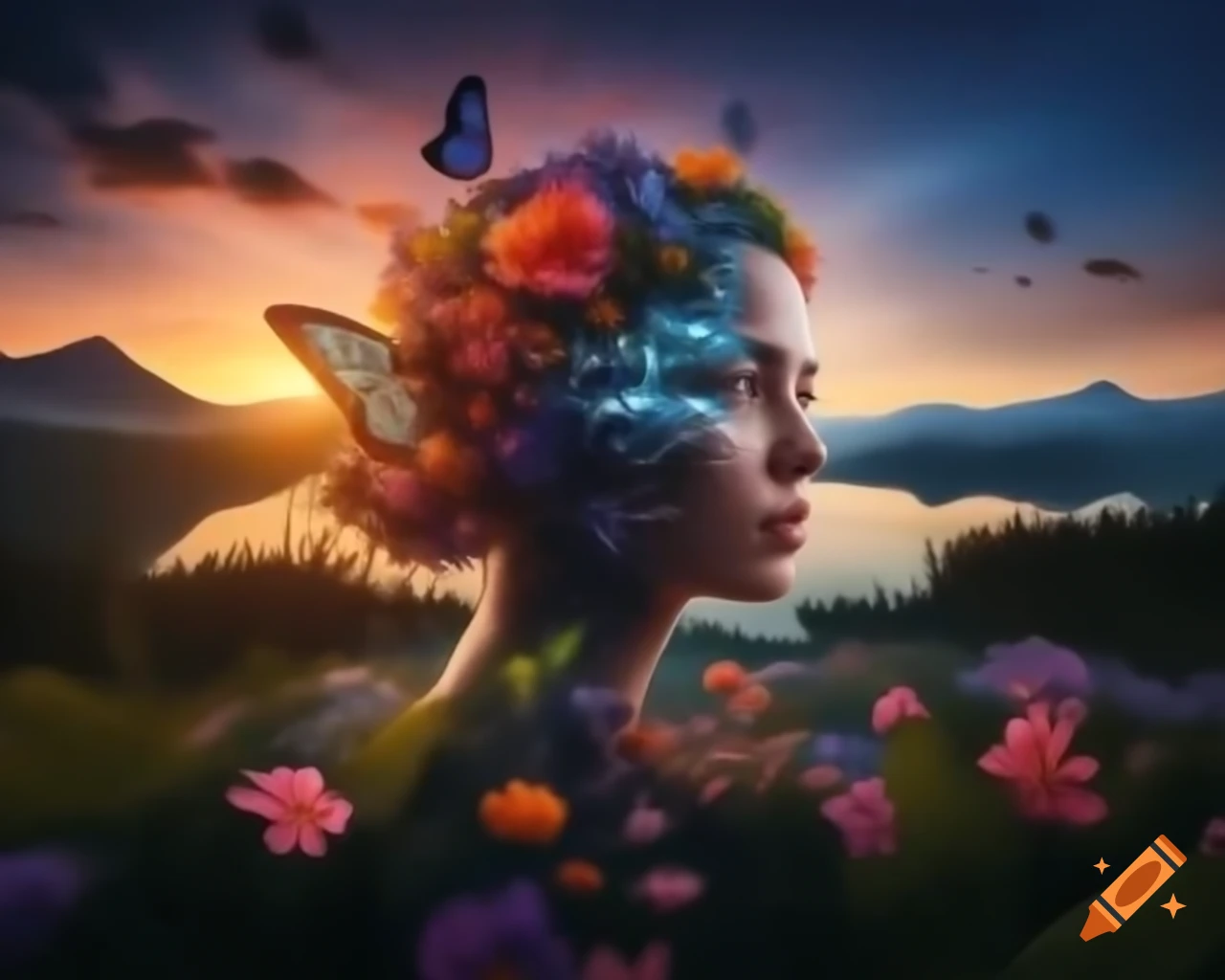 Surreal woman's face made of colorful flowers at mountain lake surrounded by forest