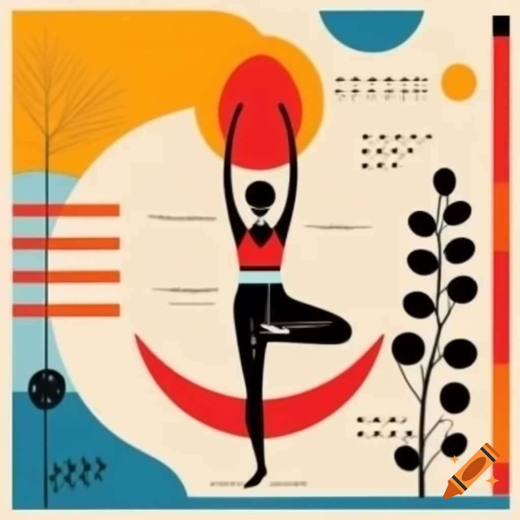 Bauhaus style yoga poster featuring geometric designs