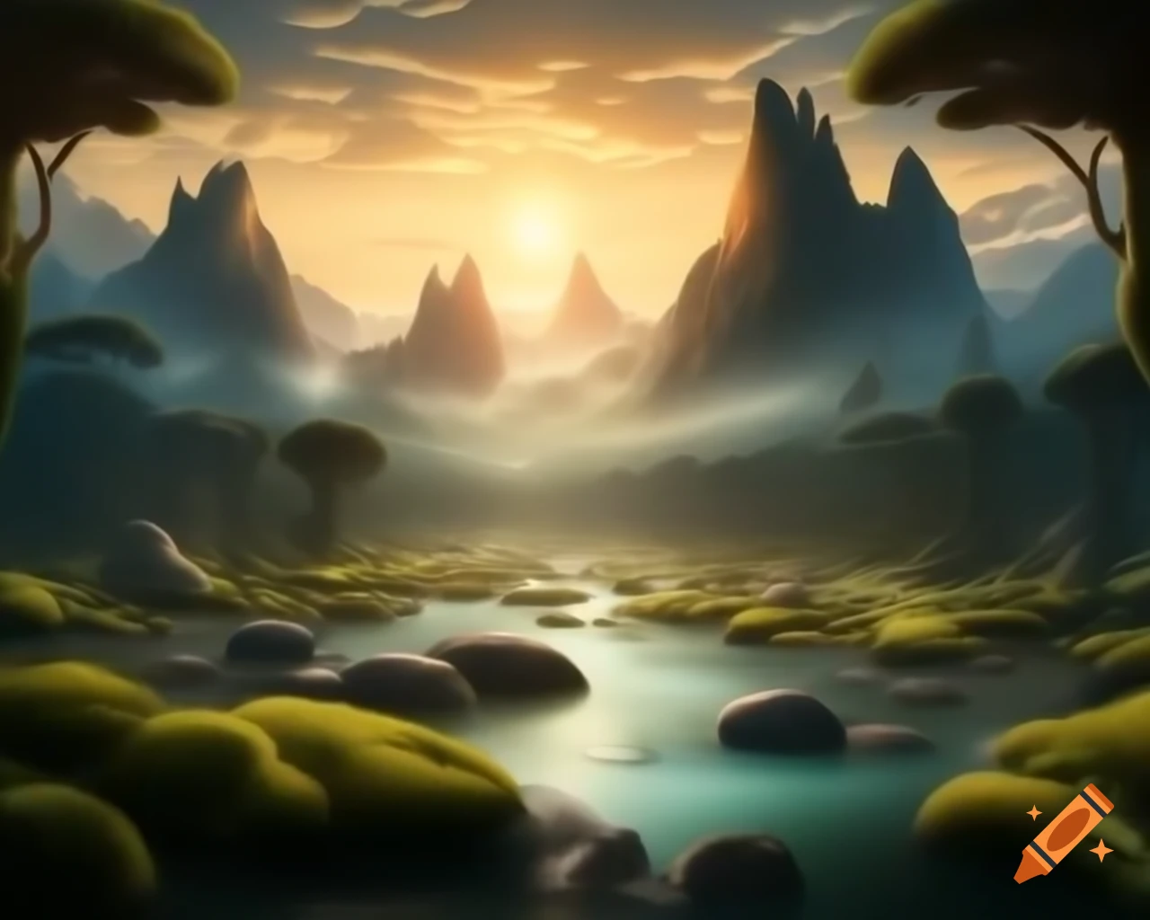 Majestic mountain range above winding river with grand trees