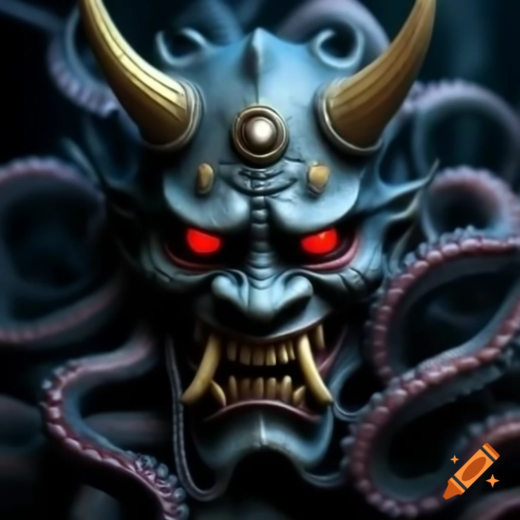 Oni mask with octopus features and red demon eyes