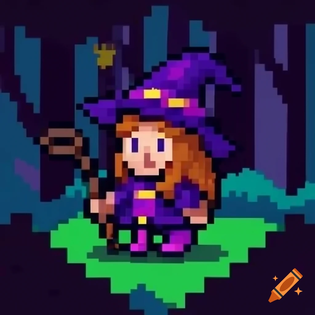 Pixel art witch in forest inspired by Salem Trials