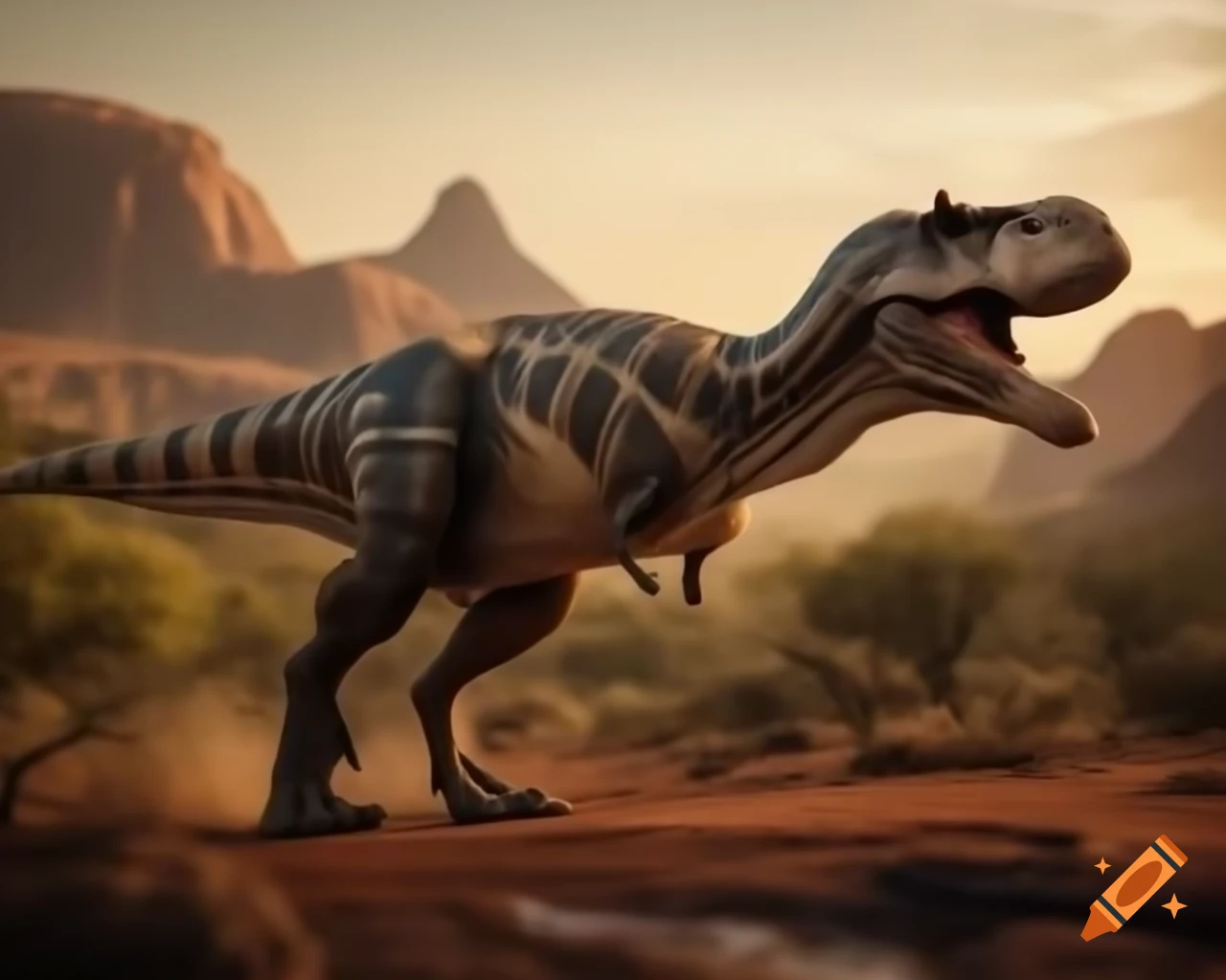 Cinnamon-colored and grey striped Carnotaurus crossing ravine in outback landscape during warm morning light